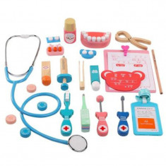 Trusa medicala pentru copii, set 23 accesorii din lemn, plastic si metal, jucarie interactiva de rol, Rosu