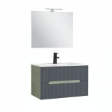 Trent Mobilier de baie 80 cm lavoar ceramic (2 sertare) cu oglindă 60x80 cm verde măslin-gri antracit