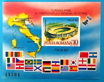 TIMBRE ROMANIA LP 1238/1990 C.M. Fotbal Italia -turneul final -coliță nedant MNH foto