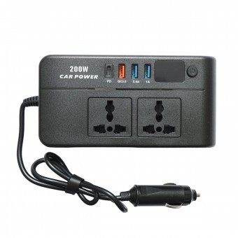 Invertor tensiune 12V-220V 200W, unda sinusoidala modificata, port USB, USB-C, iesire dubla AC foto