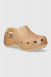 Crocs papuci Classic Platform Glitter Clog femei, culoarea auriu, cu platforma, 207241