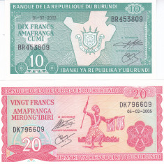 Bancnota Burundi 10 si 20 Franci 2003/05 - P32d/27d UNC ( set x2 )