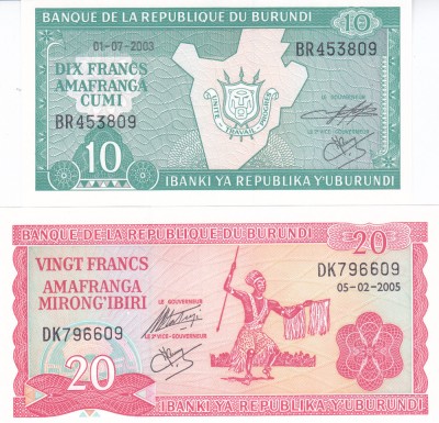 Bancnota Burundi 10 si 20 Franci 2003/05 - P32d/27d UNC ( set x2 ) foto