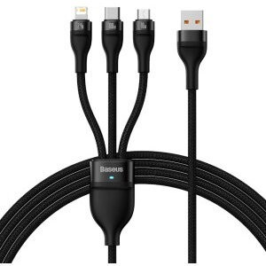 Cablu alimentare si date Baseus Flash, One-for-three Retractable, pt smartphone,USB la Micro-USB+Lightning + USB Type-C 100W, 1.2m, negru foto