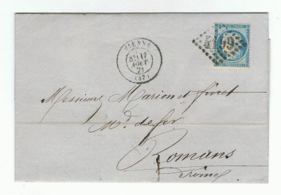 France 1871 Cover + Content REGISTERED 4199 VIENNE to ROMANS D.709 foto