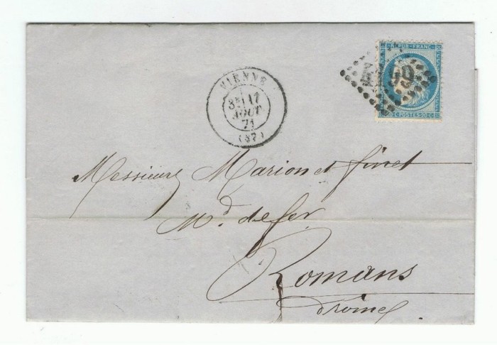 France 1871 Cover + Content REGISTERED 4199 VIENNE to ROMANS D.709