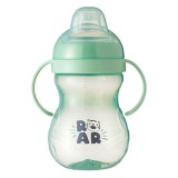 Sticla educationala cu manere din plastic, tetina din silicon pentru bebelusi de 6 luni si peste, 300ml, 10x17cm, verde, design tigru, 0% BPA, Oem