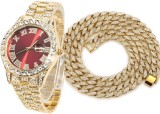 Cumpara ieftin Set Ceas Iced Out Gold Red + Colier Cuban Chain Iced out, insertii din zirconiu, otel inoxidabil, dispozitiv pentru ajustare, impachetare premium, aur