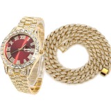Set Ceas Iced Out Gold Red + Colier Cuban Chain Iced out, insertii din zirconiu, otel inoxidabil, dispozitiv pentru ajustare, impachetare premium, aur