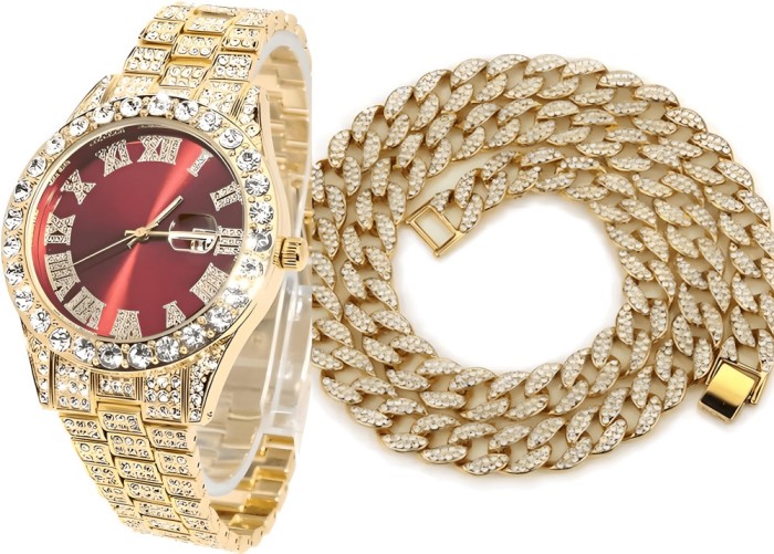 Set Ceas Iced Out Gold Red + Colier Cuban Chain Iced out, insertii din zirconiu, otel inoxidabil, dispozitiv pentru ajustare, impachetare premium, aur