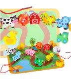 KIK Set Jucarie Educativa: Blocuri Lemn de Tei cu Snur de Insirat si Tabla Animale, Dezvoltare Motricitate Fina &amp; Coordonare, Copii 3+ Ani