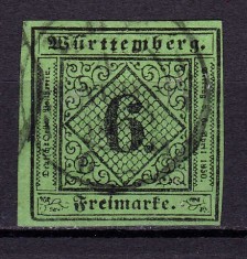 ✅ (S44) Germania veche - Wurttemberg 1851 &quot;Cifra in romb&quot; , Michel nr. 3 / verde-galbui cota 40 Euro , stampilat