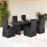 Set mobilier de grădină cu perne, 7 piese, negru, poliratan