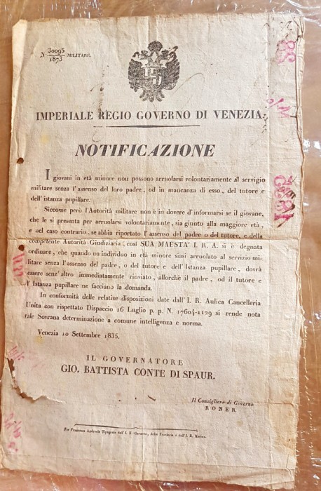 G207-I-Act imperial Austria 1835 Ferdinand 1-Regiunea Venetia-Notificare.