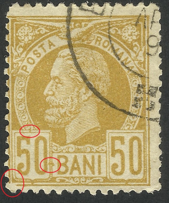 EROARE CAROL VULTURI 50 BANI 1885 - CHENAR RUPT , CULOARE LA CARTUSUL CIFREI