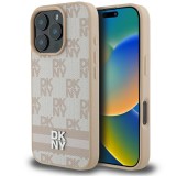 Husa piele iPhone 16 Pro Max DKNY Leather Hardcase Checkered Pattern &amp; Printed Stripes, roz, DKHCP16XPCPTSSP
