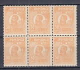 ROMANIA 1919/1922 LP 72 REGELE FERDINAND 50 BANI GALBEN HARTIE GROASA BLOC 6 MNH, Nestampilat