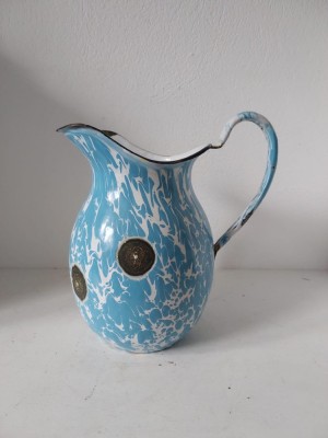 CARAFĂ / ULCIOR VECHI DIN EMAIL - Decor Albastru Marmorat (Spatterware/Swirl), Vintage, 22 cm, Obiect de Colecție foto