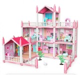 Casuta de papusi, model dream house roz pentru fetite, cu 3 nivele si 9 camere mobilate, JollyMag, 109716