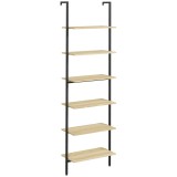 HOMCOM Raft tip scară montabil pe perete, 6 rafturi, stil industrial, oțel negru și lemn natural, 60x30x206 cm | Aosom Romania