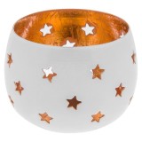Suport lumanare, metalic, perforat, 7x7 cm, alb cu bronz