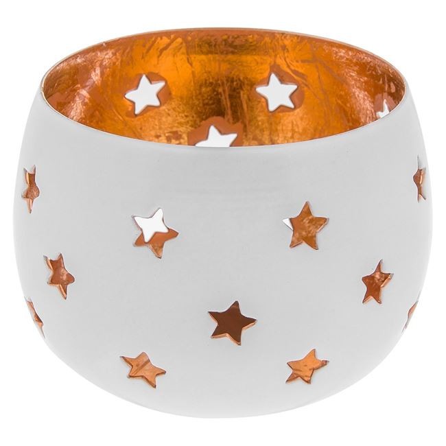 Suport lumanare, metalic, perforat, 7x7 cm, alb cu bronz