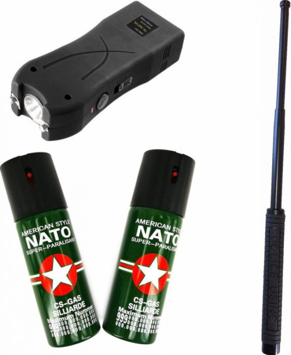 PROMOTIE! SET APARARE 2 SPRAY PARALIZANT NATO,BASTON METAL,ELECTROSOC PUTERNIC!