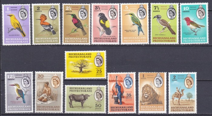 DB1 Colonii 1961 Fauna Africana Pasari Ocupatii Bechuanaland Protectorat Uzuale QE II 14 v. MNH