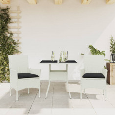 vidaXL Set mobilier de grădină cu perne 3 piese alb poliratan & sticlă
