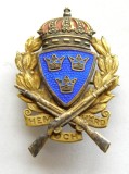 x384 SUEDIA INSIGNA SPORT MILITAR CONCURS TRAGERI CU ARMA bronz cu email 42mm STARE EXCELENTA
