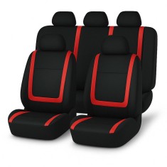 Set huse scaune auto universale, 9 piese, model red line, rosu, compatibile cu airbag, material poliester + burete 2mm