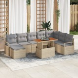 Set canapele gradina 9 piese cu perne bej poliratan acacia, canapea gradina 2 locuri bej poliratan