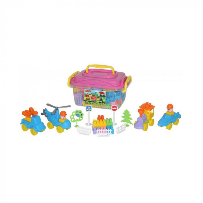 Set cuburi+jucarii, 128pcs/cutie, 37x24x21 cm, POLESIE