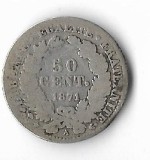 Moneda 50 centimes 1871 A - Franta, putin lovita, 2,5 g argint 0,835