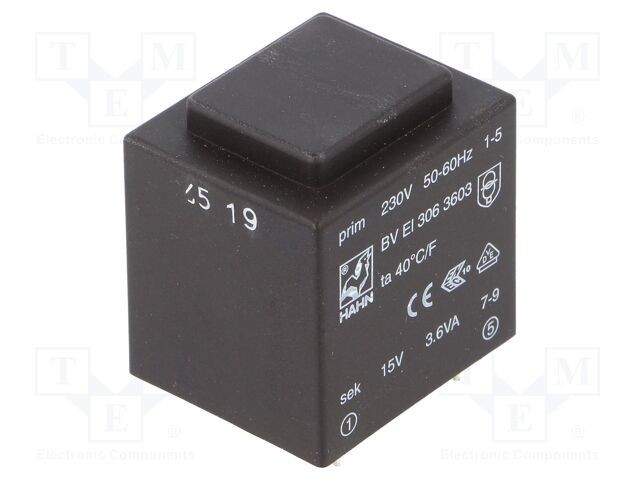 Transformator &icirc;ncapsulat HAHN 3,6VA 230V 15V 240mA PCB