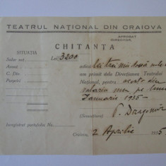 Chitanță pentru avans salariu actorul P.Dragomir-Teatrul Național Craiova 1935