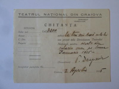 Chitanță pentru avans salariu actorul P.Dragomir-Teatrul Național Craiova 1935 foto