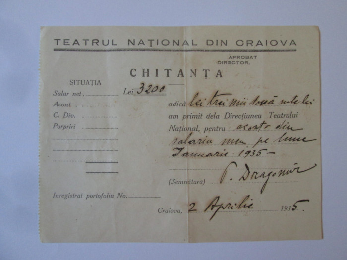 Chitanță pentru acont salariu actorul P.Dragomir-Teatrul Național Craiova 1935