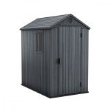 Sopron gradina Keter Darwin 4x6 din plastic gri, 126x185x205 cm, rezistent intemperii, cu usa si podea, ventilatie