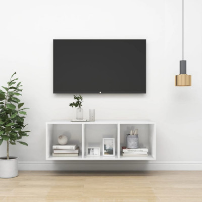 Dulap TV montat pe perete, alb extralucios, 37x37x107 cm, PAL foto