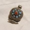 BLOCAT = MEDALION AMULETA GAU yantra TIBETANA 1900 NEPAL cu CORAL si TURCOAZ rar