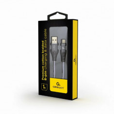 CABLU alimentare si date GEMBIRD pt. smartphone USB 2.0 (T) la Lightning (T) 1m premium cablu cu impletire din bumbac gri cu insertii albe &quot;CC-US