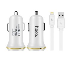 Incarcator Auto 2.1A cu 2 Porturi USB + Cablu APPLE Lightning (Alb) HOCO