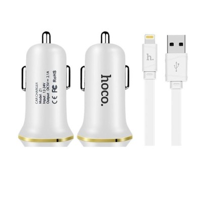 Incarcator Auto 2.1A cu 2 Porturi USB + Cablu APPLE Lightning (Alb) HOCO foto