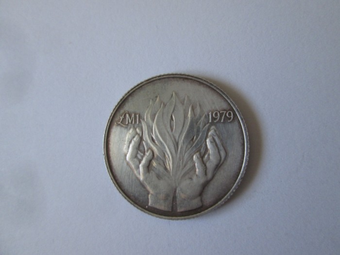 Rara! Malta 1 Lira/Pound 1979 aUNC argint cu patina deosebita,moneda comemorativa:Evacuarea armatei britanice