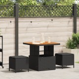 Set Masa Gradina 3 Piese Ratan Negru Acacia, Perne Incluse, 2 Persoane, Patrat