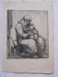Gravura,Octavian Angheluta,&quot;Pe ganduri&quot;,18,5x15,5cm,semnata creion, Portrete, Carbune, Realism