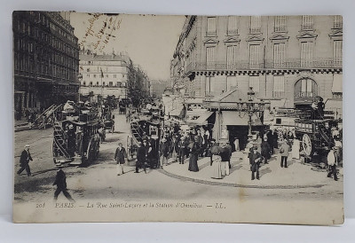 PARIS , STRADA SAINT LAZARE SI STATIA OMNIBUSULUI , CARTE POSTALA ILUSTRATA , 1907 foto