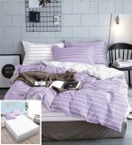 Cumpara ieftin Lenjerie Pat Bumbac 4 Piese cu Elastic Virginia Alb Lila 180x200 cm