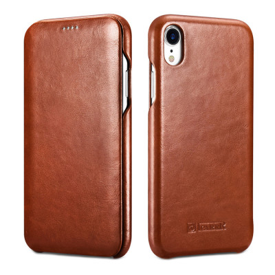 Husa iPhone XR, iCarer Vintage Curved, din piele, tip carte cu clapeta curbata, culoare Maro coniac foto